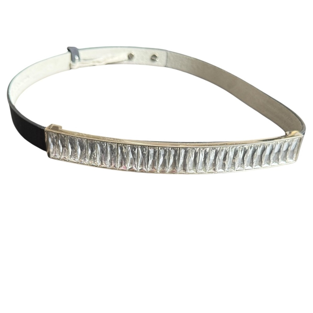 White House Black Market Crystal Accent Skinny Belt Black Silver | Adjustable S